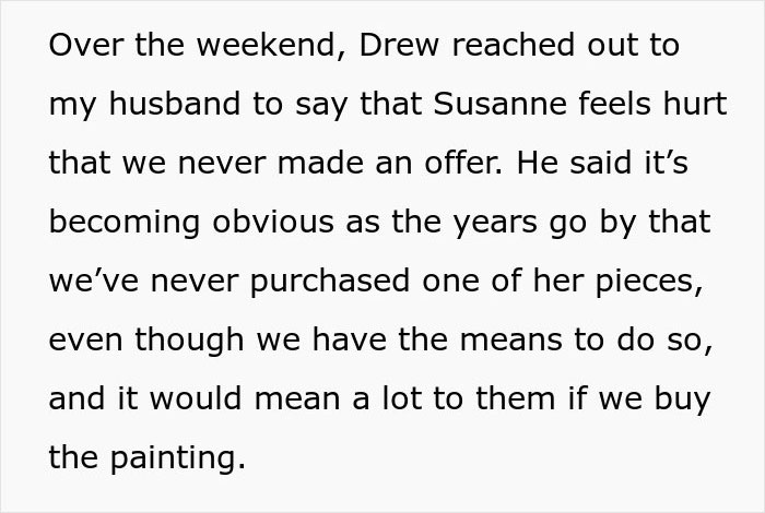 Text paragraph about a woman feeling upset that her paintings are not purchased. Text paragraph about a woman feeling upset that her paintings are not purchased.