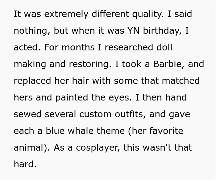 Aunt customizes doll for niece's birthday, adding new hair and blue whale outfits, after researching doll making. Aunt customizes doll for niece's birthday, adding new hair and blue whale outfits, after researching doll making.
