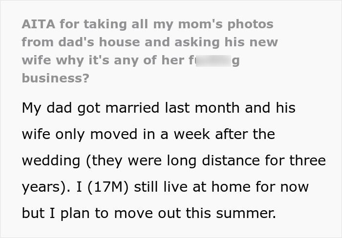 Text screenshot discussing husband's late wife's photos and a teen's response. Text screenshot discussing husband's late wife's photos and a teen's response.