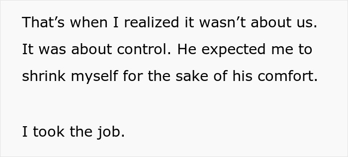Text discussing realization of control dynamics and choosing to accept a promotion despite husband's expectations. Text discussing realization of control dynamics and choosing to accept a promotion despite husband's expectations.