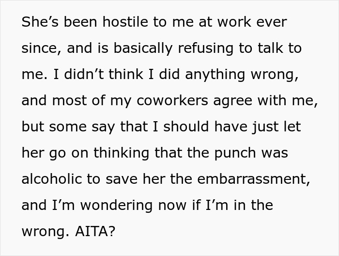 Text discussing a work incident involving non-alcoholic punch and an angry coworker at a party. Text discussing a work incident involving non-alcoholic punch and an angry coworker at a party.