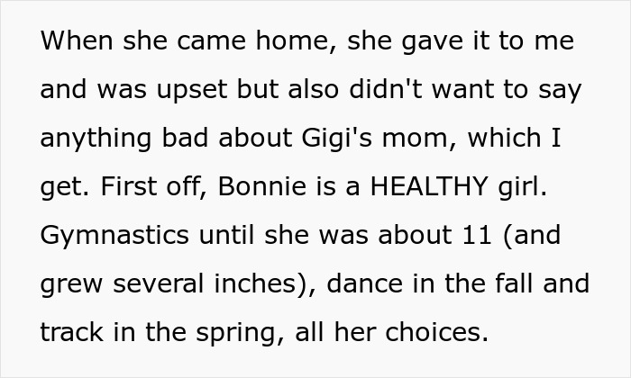 Text discussing a friend's parent body-shaming a 14-year-old girl and her involvement in various sports activities. Text discussing a friend's parent body-shaming a 14-year-old girl and her involvement in various sports activities.