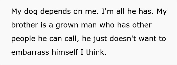 Text image discussing a woman prioritizing her dog's needs over lending money to her brother. Text image discussing a woman prioritizing her dog's needs over lending money to her brother.
