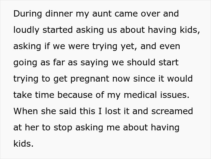 Text exchange about an aunt repeatedly asking her niece about having kids during dinner. Text exchange about an aunt repeatedly asking her niece about having kids during dinner.