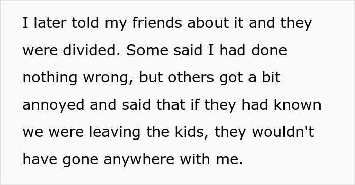 Text excerpt discussing friends' opinions on dropping off kids without permission, highlighting divided views on babysitting. Text excerpt discussing friends' opinions on dropping off kids without permission, highlighting divided views on babysitting.