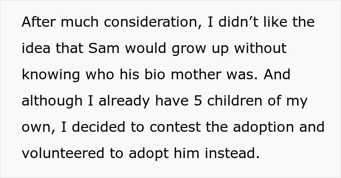 Text discussing adopting a deceased sibling's baby, contemplating the child's connection to their biological mother. Text discussing adopting a deceased sibling's baby, contemplating the child's connection to their biological mother.