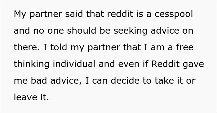 Text discussing advice on Reddit, featuring issues about partners and decision-making. Text discussing advice on Reddit, featuring issues about partners and decision-making.