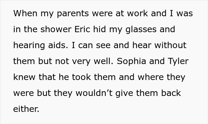 Text describing teen experiencing issues with hidden hearing aids and glasses. Text describing teen experiencing issues with hidden hearing aids and glasses.