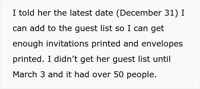 Text about challenges in organizing wedding invitations, focusing on the delay in receiving a large guest list. Text about challenges in organizing wedding invitations, focusing on the delay in receiving a large guest list.