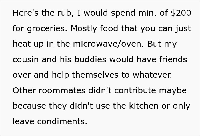 Text detailing grocery expenses and roommate dynamics involving food consumption and sharing practices. Text detailing grocery expenses and roommate dynamics involving food consumption and sharing practices.
