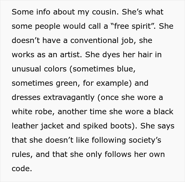 Man marries ex-girlfriend's cousin; she's a free spirit artist with unique style, wearing colorful hair and extravagant outfits. Man marries ex-girlfriend's cousin; she's a free spirit artist with unique style, wearing colorful hair and extravagant outfits.