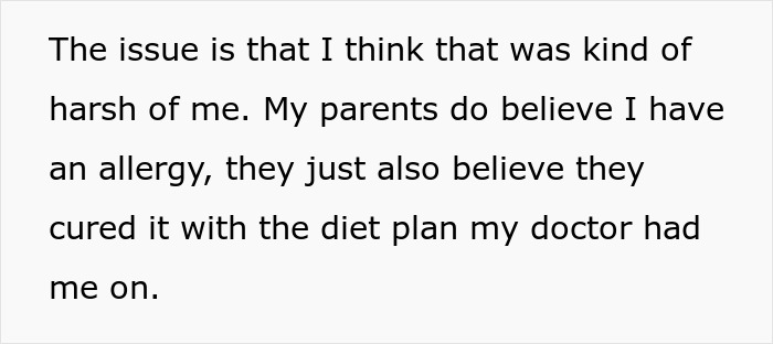 Text about parental beliefs regarding an allergy and a diet plan. Text about parental beliefs regarding an allergy and a diet plan.