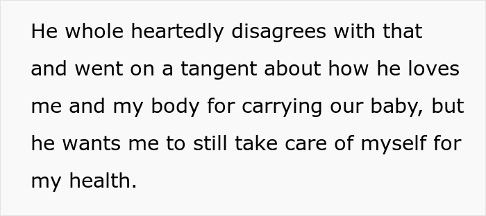 Text expressing a husband's disagreement over postpartum gym demands and emphasis on health care. Text expressing a husband's disagreement over postpartum gym demands and emphasis on health care.
