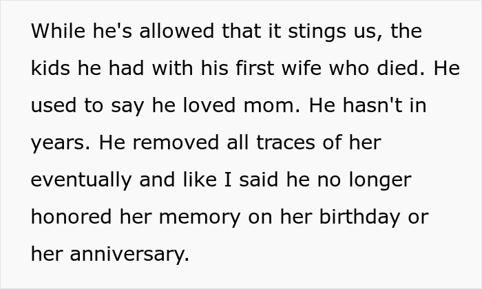 Text discussing whether a father should honor his late wife's memory on her anniversary. Text discussing whether a father should honor his late wife's memory on her anniversary.
