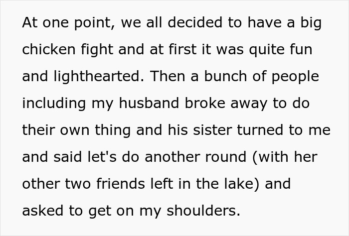 Text from a woman's story about close calls with her sister-in-law during a chicken fight. Text from a woman's story about close calls with her sister-in-law during a chicken fight.