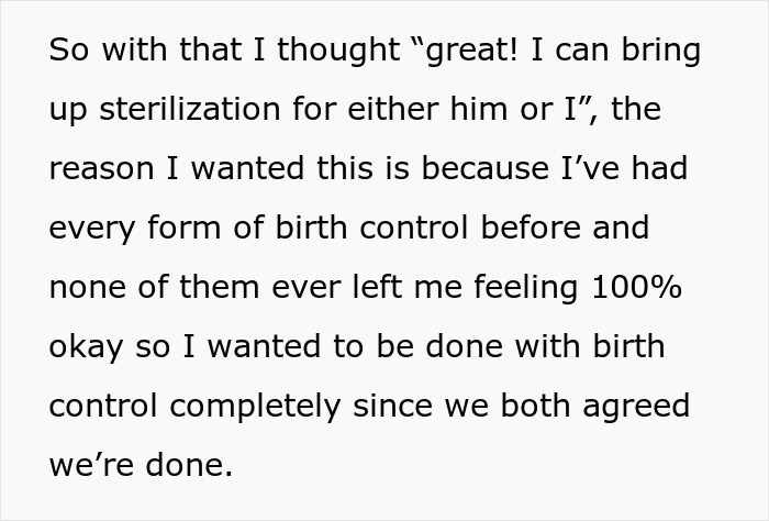 Text discussing choosing sterilization for birth control reasons against partner's wishes. Text discussing choosing sterilization for birth control reasons against partner's wishes.