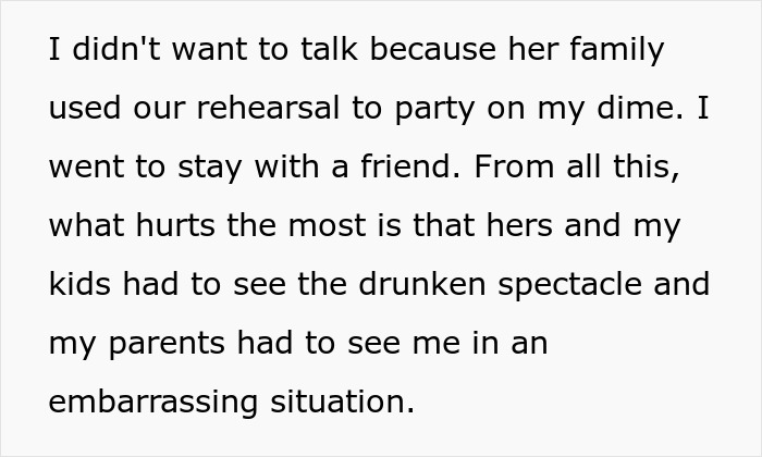 Text discussing a canceled wedding due to in-laws' drunken behavior at a rehearsal dinner. Text discussing a canceled wedding due to in-laws' drunken behavior at a rehearsal dinner.