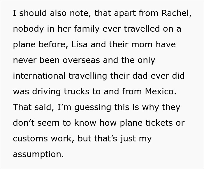 Text discussing travel experience of a family, referencing a potential issue with customs and plane tickets. Text discussing travel experience of a family, referencing a potential issue with customs and plane tickets.