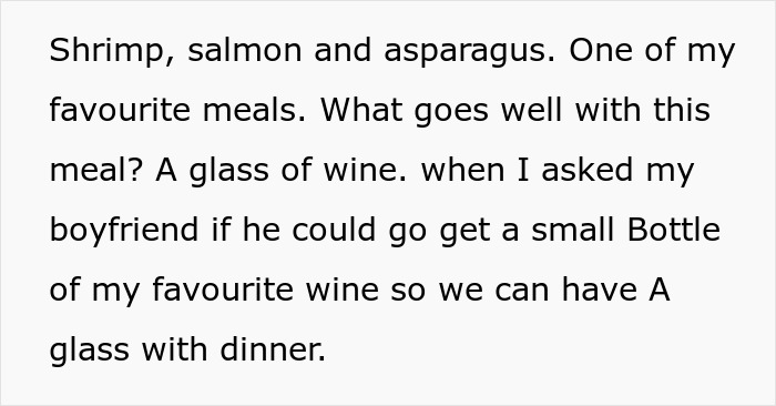 Text about pairing shrimp, salmon, and asparagus with wine. Boyfriend declines due to alcoholism concerns. Text about pairing shrimp, salmon, and asparagus with wine. Boyfriend declines due to alcoholism concerns.