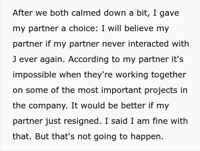 Text of a person discussing a choice about their partner and a work spouse situation. Text of a person discussing a choice about their partner and a work spouse situation.