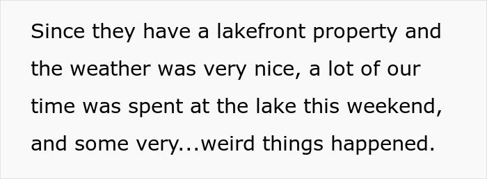 Text about lakefront property mentioning weird weekend events and close calls with sister-in-law. Text about lakefront property mentioning weird weekend events and close calls with sister-in-law.