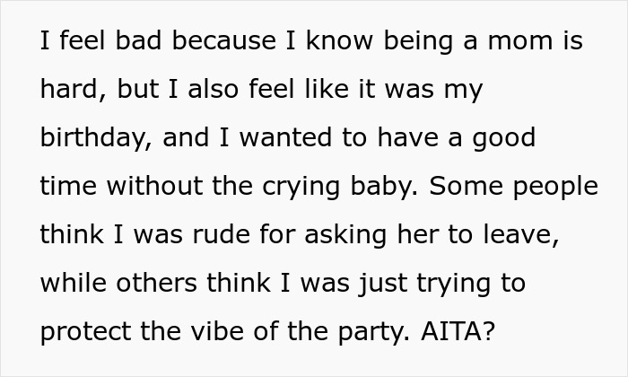 Text excerpt discussing feelings about a friend’s birthday and a crying baby at a party. Text excerpt discussing feelings about a friend’s birthday and a crying baby at a party.