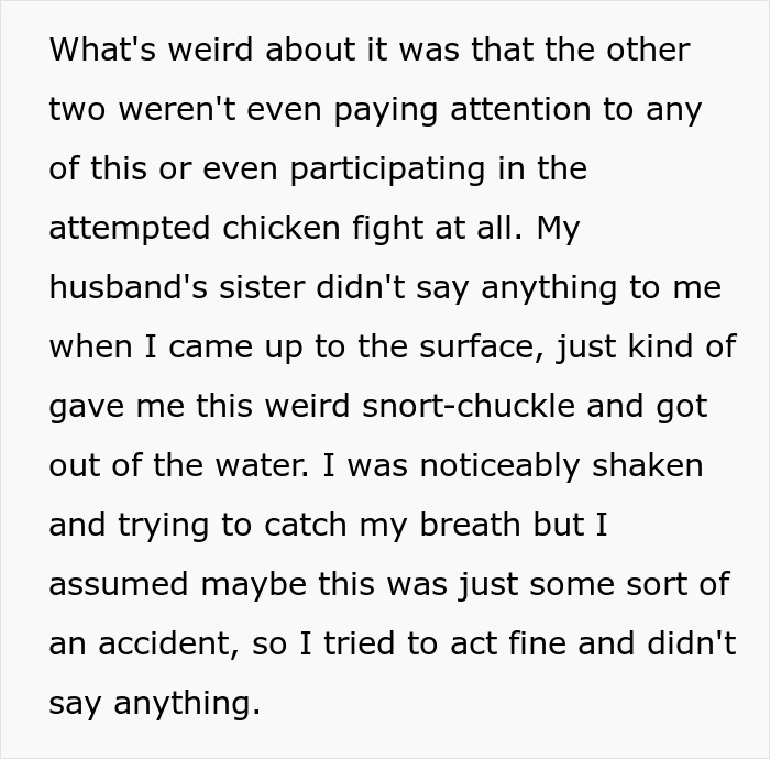 Text recounting a woman's suspicious incidents with her sister-in-law, questioning if these accidents were intentional. Text recounting a woman's suspicious incidents with her sister-in-law, questioning if these accidents were intentional.
