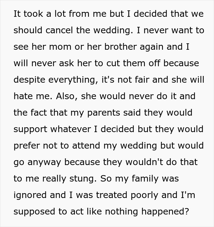 Text discussing wedding cancellation due to in-laws’ behavior. Text discussing wedding cancellation due to in-laws’ behavior.