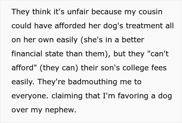 Text about family disagreements over saving a dog versus funding a nephew's college, with accusations of favoritism. Text about family disagreements over saving a dog versus funding a nephew's college, with accusations of favoritism.