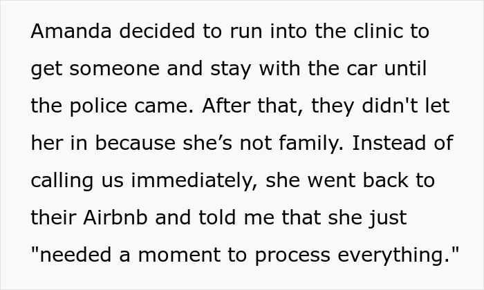 Text about a woman not being allowed into a clinic because she's not family. Text about a woman not being allowed into a clinic because she's not family.