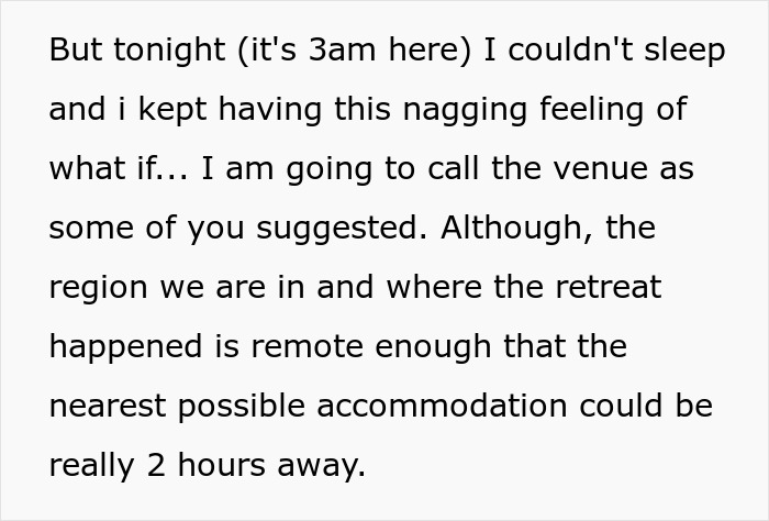 Text screenshot discussing insomnia and remote retreat location concerns. Text screenshot discussing insomnia and remote retreat location concerns.