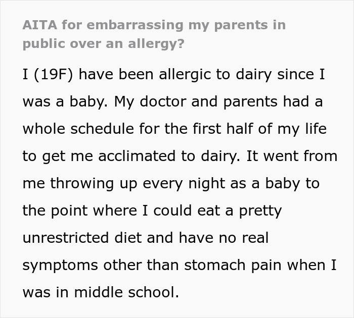Text about a dairy allergy since infancy and adjusting diet during childhood. Text about a dairy allergy since infancy and adjusting diet during childhood.