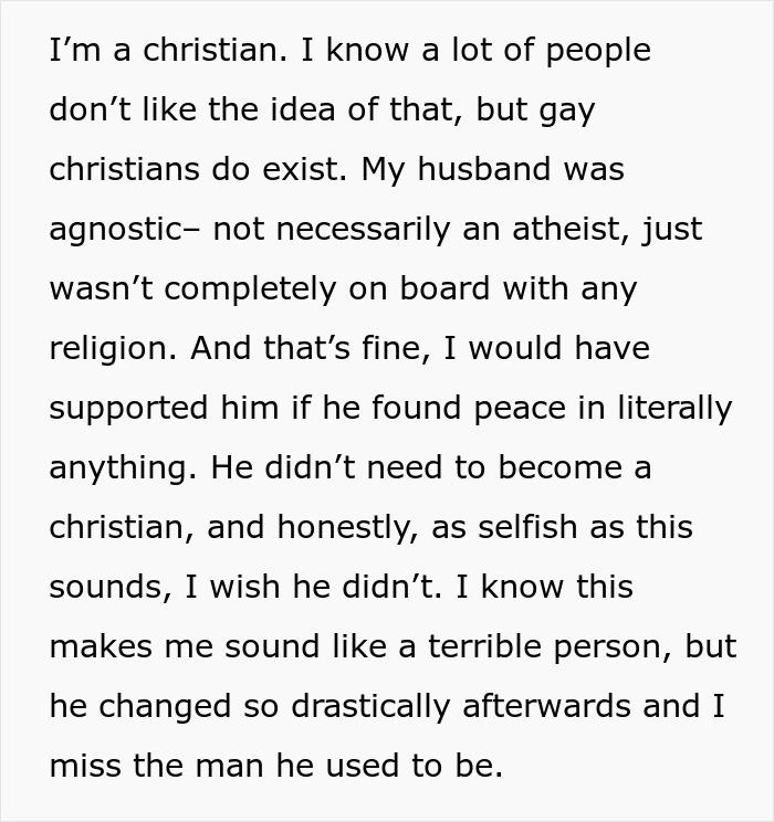 Text discussing a man's experience with his Christian faith and his husband's agnostic beliefs. Text discussing a man's experience with his Christian faith and his husband's agnostic beliefs.