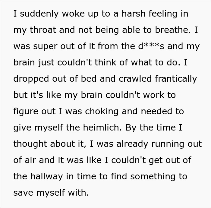 Text recounting wife's near-death experience due to husband's prank. Text recounting wife's near-death experience due to husband's prank.
