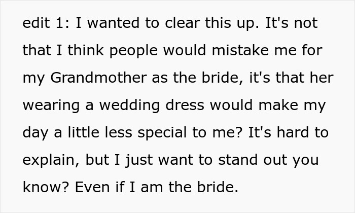 Bride explains why grandmother wearing white affects her special day. Bride explains why grandmother wearing white affects her special day.
