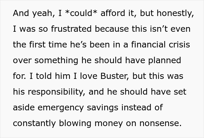 Text discussing financial irresponsibility and urgent vet bill responsibility due to blowing paychecks on toys. Text discussing financial irresponsibility and urgent vet bill responsibility due to blowing paychecks on toys.