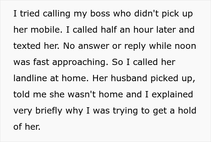 Text message recounting an attempt to contact an egoistic boss, detailing several unreturned calls and texts. Text message recounting an attempt to contact an egoistic boss, detailing several unreturned calls and texts.