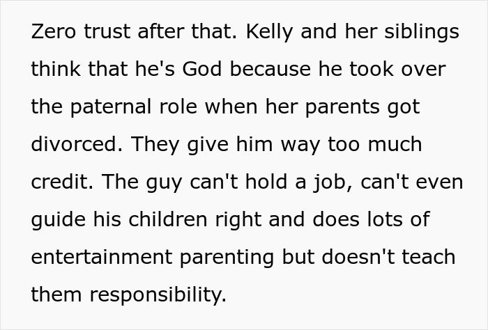 Text about lack of trust and responsibility issues in paternal role after wedding cancellation. Text about lack of trust and responsibility issues in paternal role after wedding cancellation.