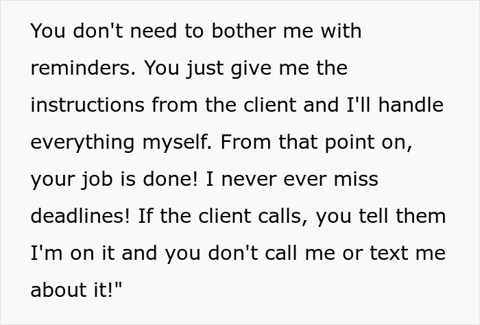 Text message from an egoistic boss asserting control, emphasizing self-reliance and dismissing team input. Text message from an egoistic boss asserting control, emphasizing self-reliance and dismissing team input.