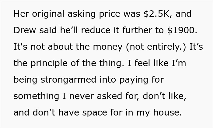 Opinion text about being pressured to buy unwanted paintings, mentioning a price reduction from $2.5K to $1900. Opinion text about being pressured to buy unwanted paintings, mentioning a price reduction from $2.5K to $1900.
