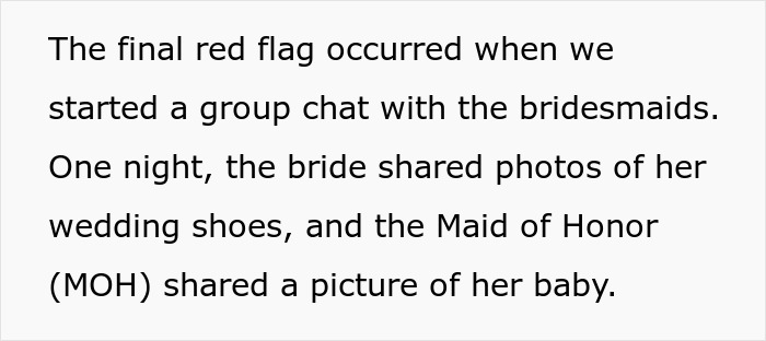 Bridesmaid exits wedding after rude bride shares wedding shoes in group chat; Maid of Honor posts baby photo. Bridesmaid exits wedding after rude bride shares wedding shoes in group chat; Maid of Honor posts baby photo.