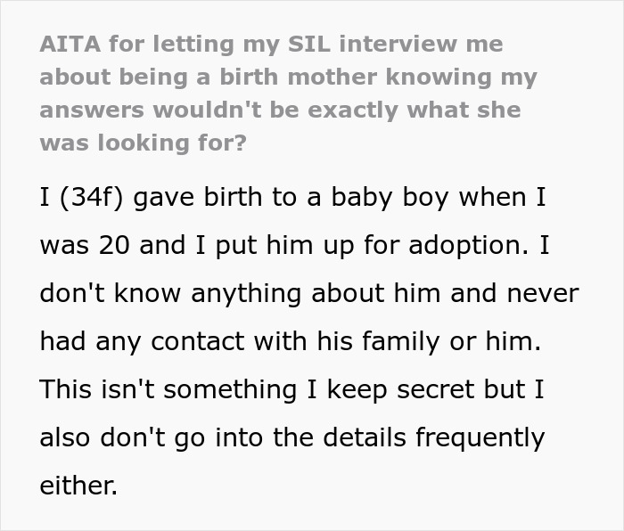 Text about a woman discussing giving a baby up for adoption and her SIL's reaction. Text about a woman discussing giving a baby up for adoption and her SIL's reaction.