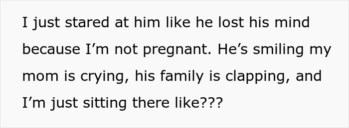 Text of a woman reacting in disbelief to a false pregnancy announcement at her birthday dinner. Text of a woman reacting in disbelief to a false pregnancy announcement at her birthday dinner.