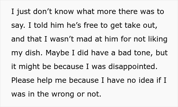 Text image discussing a boyfriend confrontation about cooking and handling disappointment over a dish. Text image discussing a boyfriend confrontation about cooking and handling disappointment over a dish.