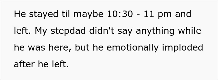 Text conversation about a stepdad emotionally reacting after a visitor leaves at 11 pm, related to control issues. Text conversation about a stepdad emotionally reacting after a visitor leaves at 11 pm, related to control issues.