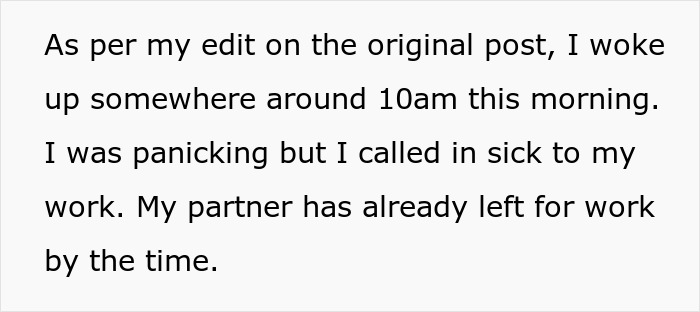 Text message discussing waking up at 10am, panicking, and calling in sick due to partner leaving for work. Text message discussing waking up at 10am, panicking, and calling in sick due to partner leaving for work.