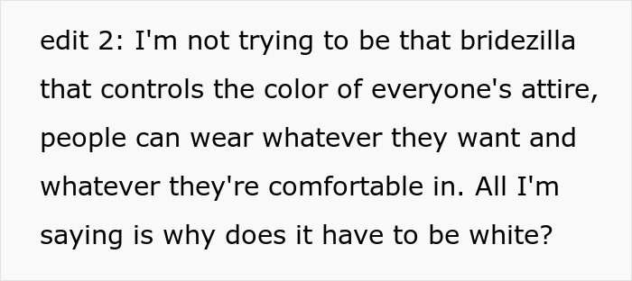 Text expressing a bride's concern about guests wearing white to her wedding. Text expressing a bride's concern about guests wearing white to her wedding.