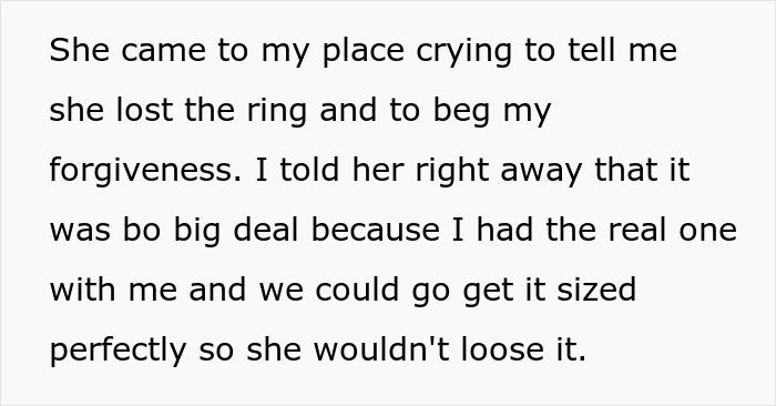 Text about a swapped real ring and engagement ends due to fiancée’s reaction. Text about a swapped real ring and engagement ends due to fiancée’s reaction.