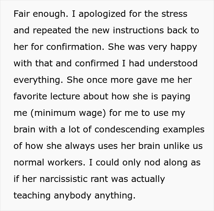 Text describing a guy's sarcastic response to a condescending boss, highlighting her ego. Text describing a guy's sarcastic response to a condescending boss, highlighting her ego.