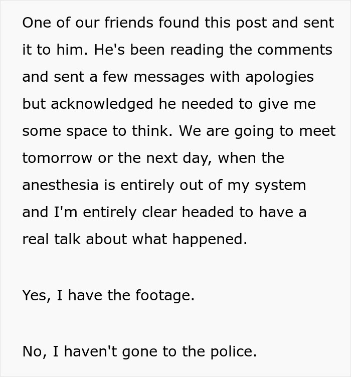 Text exchange about a husband's prank gone wrong, wife plans to discuss incident after recovering from anesthesia. Text exchange about a husband's prank gone wrong, wife plans to discuss incident after recovering from anesthesia.